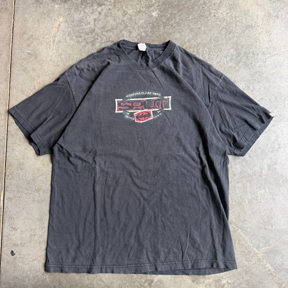 Vintage Y2K Split Working Class Hero T Shirt Men's L Faded Black Skate Surf